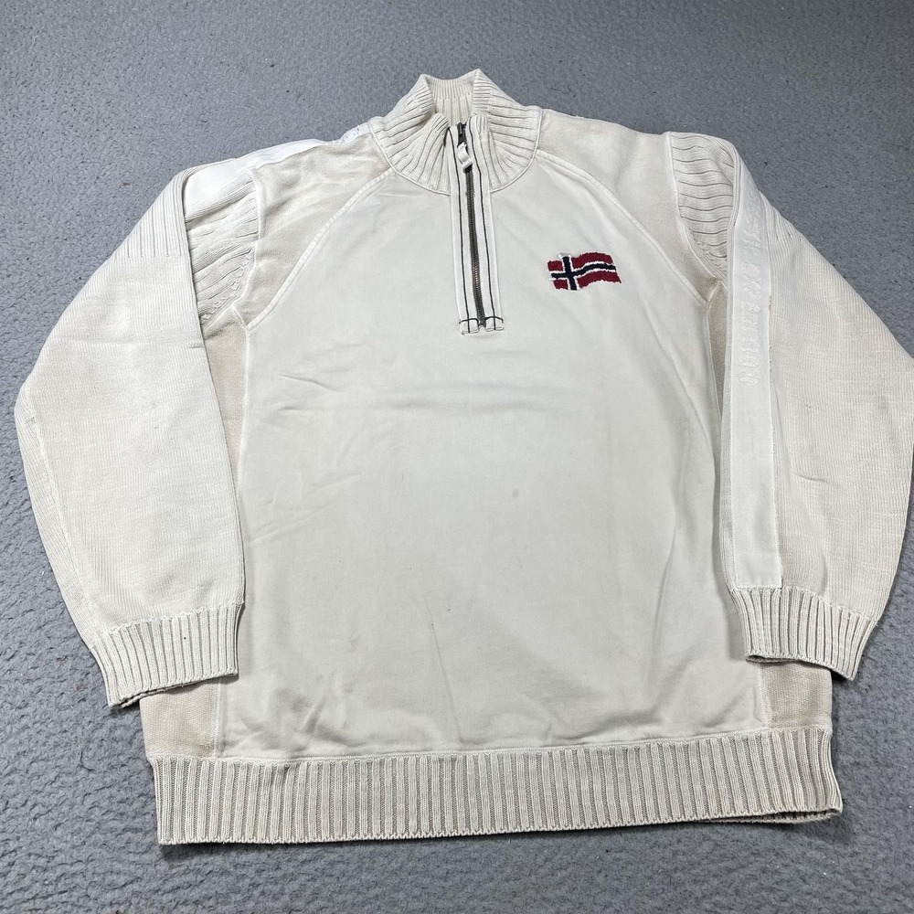 Napapijri Sweater Mens XL White‎ Cotton 1/4 Zip Mock Neck Pullover Norway Flag